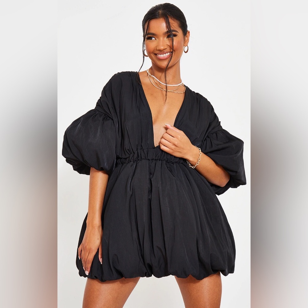 PLT Black Puff Sleeve Puffball Hem Shift Dress